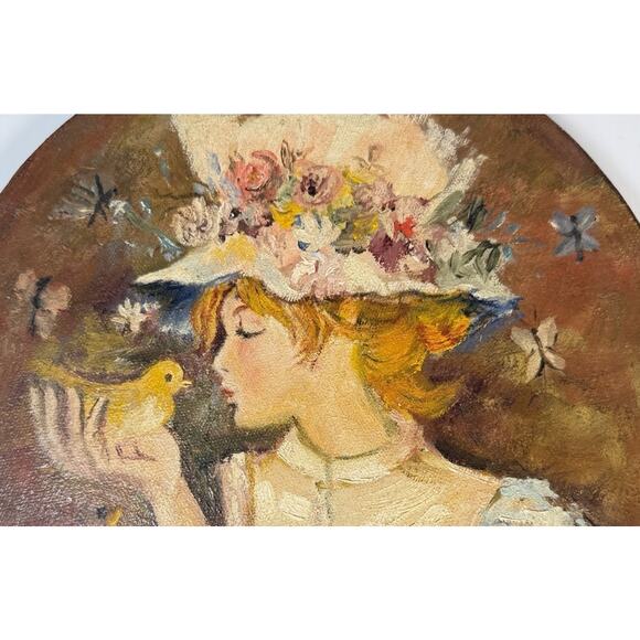 Original Art Painting Girl Flower Hat W/Bird Signed M Seales Round 10" Canvas - Picture 5 of 5